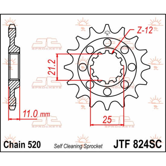 JT Sprockets JTF824.13SC Front Self Cleaning Sprocket 13 Teeth 520 Pitch Natural Chromoly Steel Alloy